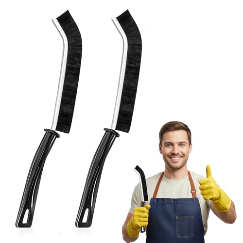 2 Pack Hard Bristle Crevice Cleaning Brush Set, Narrow Spaces Deep Reach Gap Scrub Tool with Long Handle for Household Use Kitchen Bathroom Sink Track, Black - color: Black-2