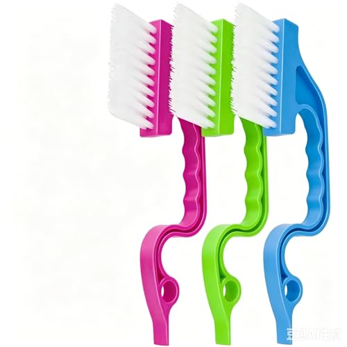 3pcs Handheld Groove Gap Cleaning Tools, Door Window Track Cleaning Brushes, Multi-Purpose Kitchen Crevice Scrubber for Sliding Door Tracks Window Rails (Blue Green Pink Mix)