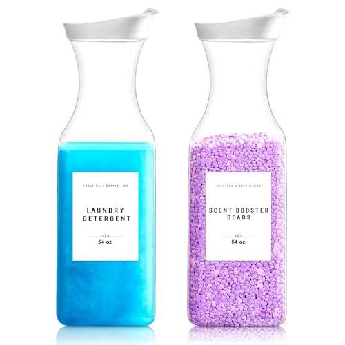 Laundry Detergent Dispenser Bottle 54oz with Waterproof Label for Laundry Detergent Soap Fabric Softener Scent Booster Beads, Sturdy PET Plastic Bottle, 2 Pack White - color: 2 Pack 54oz-White Square Bottle
