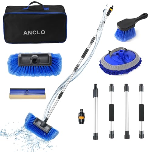 64'' Car Wash Brush with Long Handle, RV Flow-Through Wash Brush with Adjustable Handle, Anti-Scratch Plus Size Soft Car Wash Brush Mop with Hose Attachment Car Wash Kit for SUV RV Truck Boat