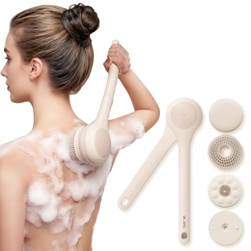Electric Body Brush Back Scrubber for Shower, Waterproof Long Dual Handle Body Scrubber with 3 Heads, Bath Brush & 2 Speeds, for Cleansing, Exfoliating and Massaging Skin, Chrysanth Pink
