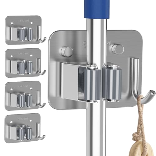 4 Pack Stainless Steel Mop and Broom Gripper with Hook, Screw Drilling or Self Adhesive Mop and Broom Holder Wall Mount, Storage Rack for Closet Laundry Garage Garden Tool Organizer, Silver - color: A-Silver, size: 4PCS Gripper