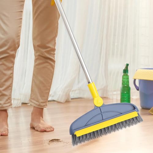 Long-Handle Floor Scrubber Brush with Hard Bristles, Grout and Seam Cleaning Brush for Bathroom and Kitchen Tiles, 126cm Telescopic Pole, Blue-Yellow