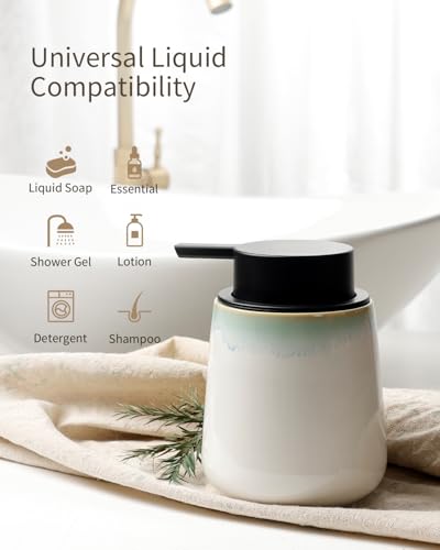 BosilunLife Hand Soap Dispenser - Ceramic Dish Soap Dispenser for Bathroom 12ounce Refillable Liquid Hand Wash Dispenser for Essential Oil, Lotion Soap, White with Blue-Green Rim - color: White With Blue-green Rim