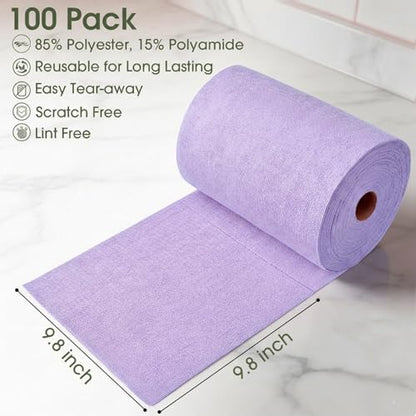Microfiber Cleaning Cloth Roll - 100 Pack Tear Away Microfiber Paper Towels, Reusable, Washable, Scratch-Free, Kitchen Towels for Car, Home, Kitchen, Glass, Dishes (Light Purple) - color: Lightpurple