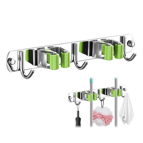 Upgrade Broom Holder Wall Mount, 304 Stainless Steel Mop & Broom Storage Organizer with Hooks, Self-Adhesive or Screw Install for Bathroom Garage Kitchen (green, 2 Racks and 3 Hooks) - color: green, size: 2 Racks and 3 Hooks