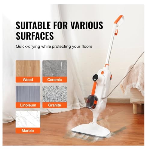 Steam Mop, 8-in-1 Hard Wood Floor Cleaner with 7 Replaceable Brush Heads, for Various Hard Floors, Like Ceramic, Granite, Marble, Linoleum, Natural Floor Mop with 2 pcs Machine Washable Pads
