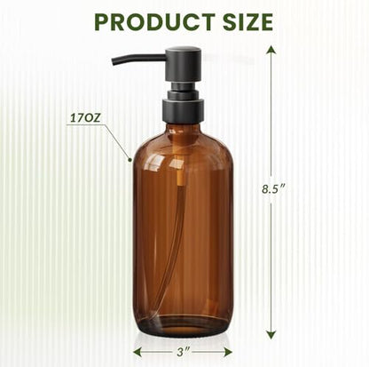 AmazerBath Amber Glass Soap Dispensers, 2 Glass Amber Pump Bottles, 17 Oz Dish Soap Dispenser, Kitchen Bathroom Hand Soap Dispensers for Hand Sanitiser, Shampoo, Lotion, Shower Gel Conditioner - color: Brown