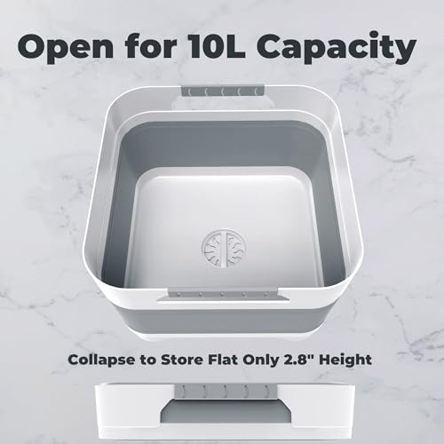 GIMWA 2.6 Gallon Collapsible Wash Basin - Large Capacity Portable Dish Tub with Drain Plug for Baby Bottles, RV Camping Kitchen, Space-Saving Foldable Sink (Gray) - color: Gray