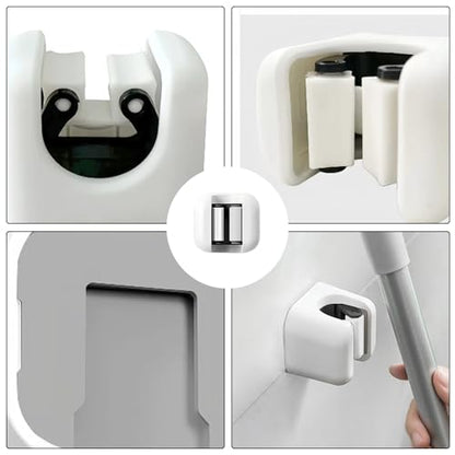 2-Piece Wall-Mounted Mop and Broom Holder with Self-Adhesive Tool Clips for Home Organization - color: White