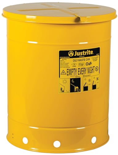Justrite 14 Gallon Galvanized Steel Oily Waste Can, 20" x 16" Metal Oil Rag Safety Can with Hand Operated Self-Closing Lid for Oil Rag Disposal, Made in The USA, Yellow, 09511 - color: Yellow, size: 14 Gallon, style: Hand-Operated Lid