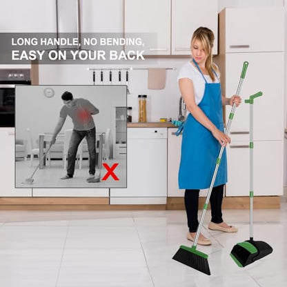 Green Broom with Dustpan Combo Set, 51" Long Handle Household Cleaning Tool, Ideal Broom and Dustpan Set for Pet Hair and Home Use - color: Green