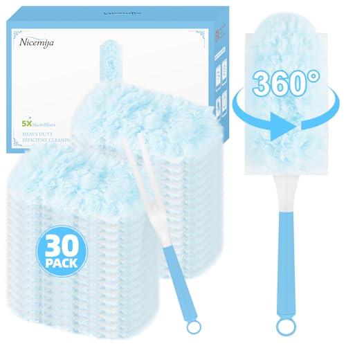 30 Count Light Blue Duster Refills Compatible with Swiffer Handle, 360° Multi-Surface Duster Refills with 1 Handle, 5X Microfibers Disposable Dusters for Home, Office Cleaning - color: 30 Blue Refills + Short Handle