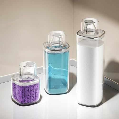 Transparent sealed laundry detergent canister with reflow design and graduated markings, constructed from PET material for organized and mess storage of laundry additives (1.3L) - size: 1.3L