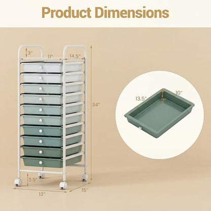 COSTWAY 10-Drawer Rolling Storage Cart, Utility Mobile Trolley with Removable Drawers & Universal Casters & 2 Brakes (Green Gradient,13"L x 15"W x 34"H (10 Drawer)) - color: Green Gradient, size: 13"L x 15"W x 34"H (10 Drawer)