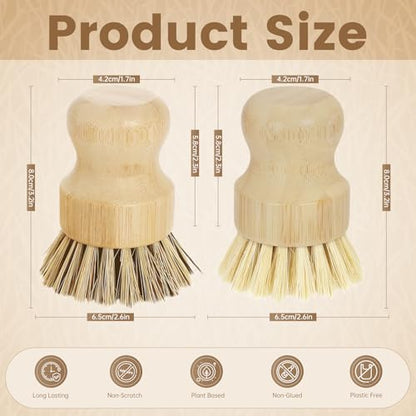 DEBETOOL 2-Pack Bamboo Dish Brush – Natural Dish Scrub Brush with Sisal & Palm Bristles for Non-Stick Pans, Pots, Vegetables, and Kitchen Cleaning