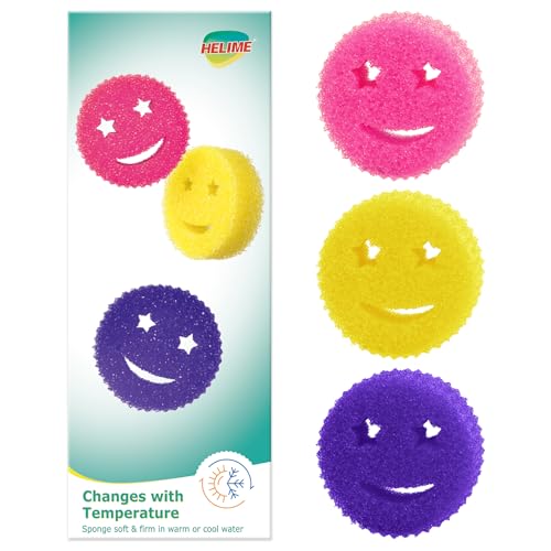 Scrub Sponge Dish Scrubbers, Temperature Controlled Non-Scratch Sponges Pad | Smiley Odor Resistant Polymer Color Bulk Pads, Dishwash Safe Multi Functional for Kitchen, Bathroom, Tub, Household Cleaning - color: Pink/Yellow/Purple, size: 3Pcs