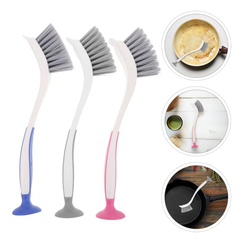 Beavorty 3pcs Long Handle Kitchen Brushes Versatile Dish Scrubbers with Suction Cup for Pans Sinks and Dishes Efficient Removal and Extended Protection for Safe