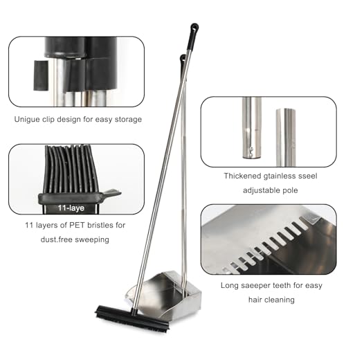 Rubber Broom and Dustpan Set,Pet Hair Removal Rubber Broom with Squeegee and Stainless Steel Dust Pan,Carpet Rake Push Broom and Dustpan for Fluff Hardwood Floor Tile (Black) - color: Black