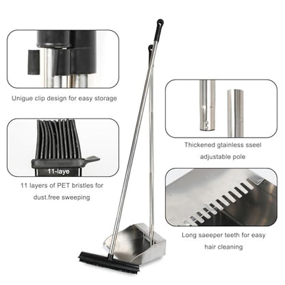 Rubber Broom and Dustpan Set,Pet Hair Removal Rubber Broom with Squeegee and Stainless Steel Dust Pan,Carpet Rake Push Broom and Dustpan for Fluff Hardwood Floor Tile (Black) - color: Black