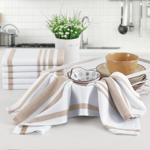 Homaxy Premium Kitchen Towels 18”x 28”, Large Cotton 380 GSM Kitchen Hand Towels, Stripe and Terry Dish Towel, Highly Absorbent Tea Towel Set with Hanging Loop, 8 Pack, Khaki - color: Khaki Stripe, style: 8-pack