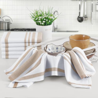 Homaxy Premium Kitchen Towels 18”x 28”, Large Cotton 380 GSM Kitchen Hand Towels, Stripe and Terry Dish Towel, Highly Absorbent Tea Towel Set with Hanging Loop, 8 Pack, Khaki - color: Khaki Stripe, style: 8-pack