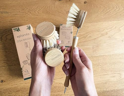 eplanita Replacement Brush Heads (Pack of 8) for Bamboo Dish Brush, Sisal Bristle Refills, Agave Cactus Fibres, Kitchen Eco Scrubber, Plastic Free Washing Up, Zero Waste Cleaning - size: pack of 8