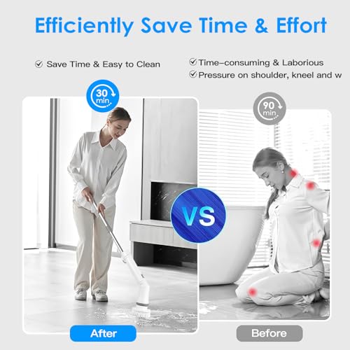 TeqHome Electric Spin Scrubber, Cordless Power Shower Cleaning Brush with 6 Replaceable Brush Heads, 2 Adjustable Speeds,Adjustable & Detachable Extension Long Handle for Bathroom Floor Tile Tub Basin