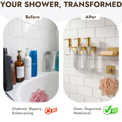 Shampoo and Conditioner Dispenser - Wall Mounted Shower Soap Dispenser - 17oz No-Drill Refillable Plastic Bottles with Stainless Steel Pump for Bathroom - Includes Soap Dish and Hook (Transparent) - color: Transparent