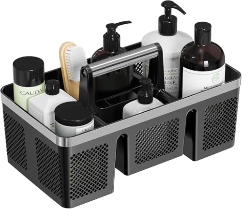 BYUNER Plastic Shower Caddy Dorm: Portable Cleaning & Shower Caddy with Handle, 4 Divided Compartments, All-Side Drainage, Rigid Plastic Basket Tote for College Dorm & Bathroom Use, Black/Silver - color: Black/Siver
