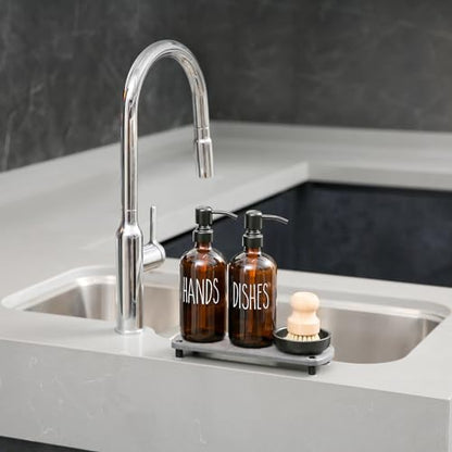 MOMEEMO Amber Glass Soap Dispenser Set Comes with Stainless Steel Pumps, Instant Dry Tray, and Dish Scrub Brush, Suitable for Soap Dispenser for Kitchen Sink. (Amber) - color: Amber1