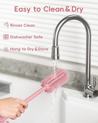 Silicone Cleaning Brush Kit,Water Bottle and Straw Cleaner Brush Set for Tumbler,Baby Bottle,Breast Pump Part,Nipple,Sippy Cup,Glass,Dishwasher Safe,BPA Free,3 Pcs - color: Pink