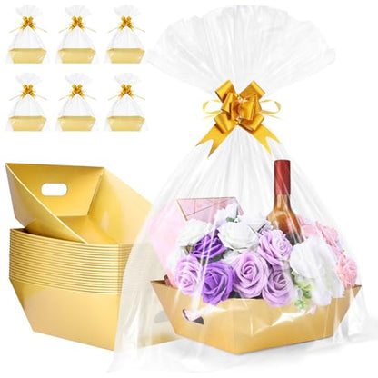 20PACK Gold Baskets for Gifts Empty, 12x10x4” Thick Cardboard Gift Basket Kit with 20 Bows & 20 Bags - Kraft Empty Gift Baskets for Christmas, Weddings, Birthdays, Bulk Gifting - color: 20 Gold