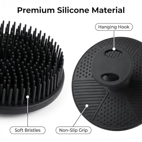 Silicone Scrub Brush for Dishes and Kitchen Cleaning, Soft Non-Scratch Sponge for Pots, Pans, Fruits, Vegetables, Reusable Dishwashing Brush with Hanging Hook, Black