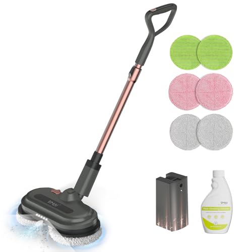Cordless Electric Mop, Electric Floor Cleaner with Water Sprayer & LED Headlights, Up to 60 mins Lasting Time, Powerful Spin Mop with Extendable Tube, Self-Propelled, Floor Cleaning Solution included - color: Brown