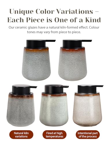 INGOFIN Ceramic Lotion Dispenser - 12 oz Refillable Hand Soap Dispenser Bathroom, Modern Liquid Dispenser with Pump, Dish Soap Dispenser for Kitchen, Kiln-Glazed Grey White - color: Kiln-glazed Grey White-liquid