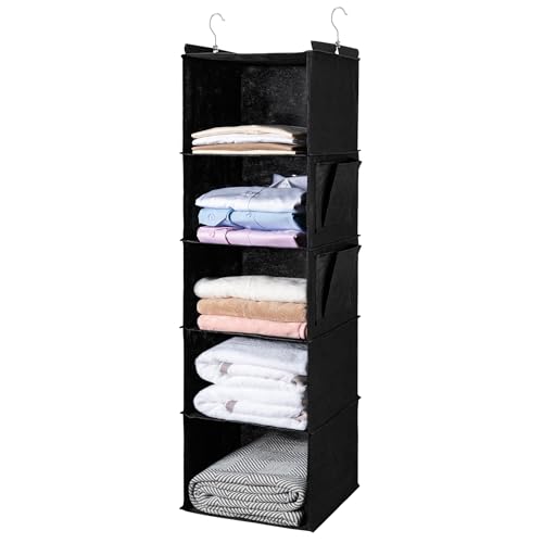 BOOMIBOO Hanging Closet Organize and Shelves，5-Hanging Shelf with 2 Side Pockets，Storage Foldable （Black） - color: Black, size: 1