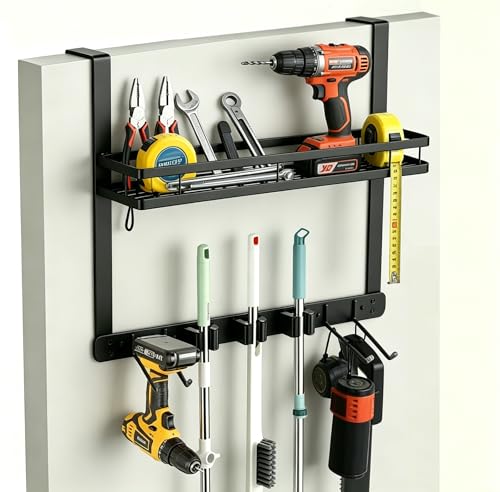 Broom Holder Door Mount,Door Mounted Broom and Mop Holder with Dual Tool Hooks, Three Slots, and One Tool Storage Basket For Laundry Room, Garage, Closet, warehouse, Kitchen Decor (black) - color: black
