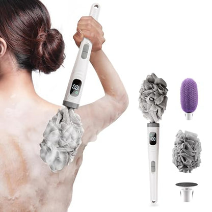 WJX Electric Body Brush with Replaceable Heads – Rechargeable, Waterproof, 2-Speed Adjustable Back Scrubber for Shower (Cloud White) - color: Cloud White