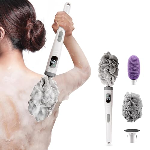 WJX Electric Body Brush with Replaceable Heads – Rechargeable, Waterproof, 2-Speed Adjustable Back Scrubber for Shower (White) - color: White