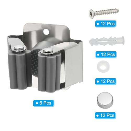 PATIKIL Broom and Mop Holder, 6 Pack Wall Mounted Stainless Steel Mop Hanger Heavy Garden Tool Organizer Rack Hanging Clips with Screws for Home Garage, Grey - color: Grey