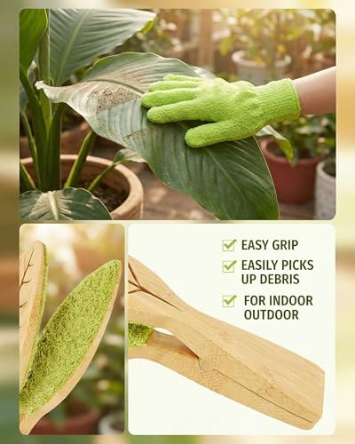 3-Piece Plant Leaf Cleaning Set, Includes 1 Microfiber Cleaning Tongs and 2 High-Density Dusting Gloves, Washable Reusable Houseplant Care Kit for Foliage, Window Blinds & Delicate Home Dusting