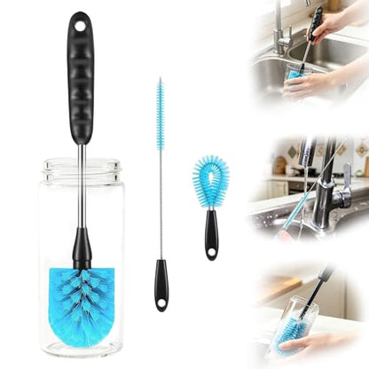 3-in-1 Stainless Steel Bottle Brush Set of Three, Straws, Water Bottles, Glasswares, Baby Bottles, Mugs, Flasks, Tumblers, Vases, to-go Cups, Long-Handled Round Head