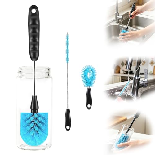 3-in-1 Stainless Steel Bottle Brush Set of Three, Straws, Water Bottles, Glasswares, Baby Bottles, Mugs, Flasks, Tumblers, Vases, to-go Cups, Long-Handled Round Head