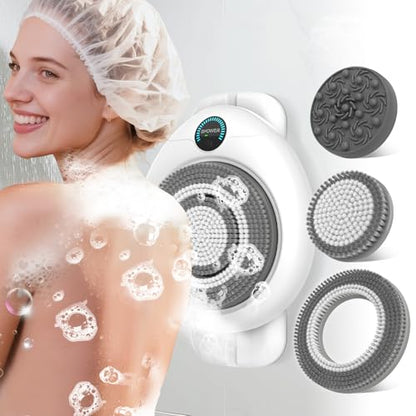 Electric Back Scrubber for Shower - Wall Mounted Exfoliating Brush, Hands-Free Automatic Body Scrubber, IPX7 Waterproof, 3-Speed Adjustment, 3 Replaceable Heads with 50pcs Disposable Shower Caps - color: White