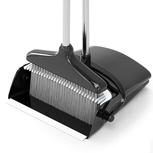 Broom with Dustpan Combo Set 54” Long Handle Household Dust Pan for Home Office Kitchen Cleaning （Black & Grey） - color: Black and Grey