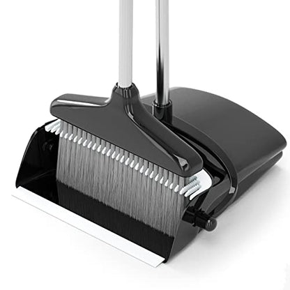 Broom with Dustpan Combo Set 54” Long Handle Household Dust Pan for Home Office Kitchen Cleaning （Black & Grey） - color: Black and Grey