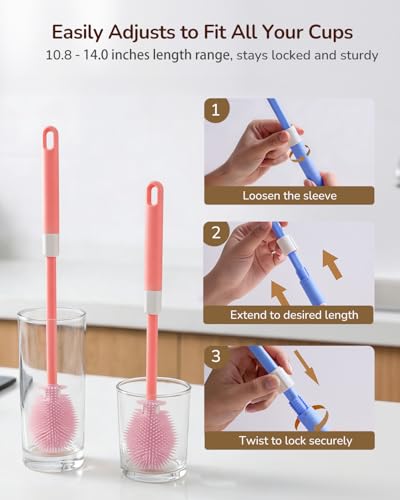 Extendable Bottle Brush with Straw Cleaner Brush, 10.8 to 14 Inches Adjustable Long Handle Water Bottle Scrubber for Cleaning Glasses, Cups, Coffee Mugs, Tumblers with Replacement Head, White - color: White