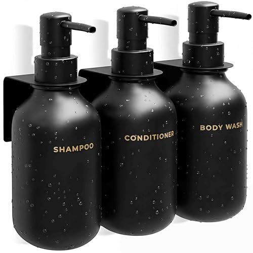 Black Soap Dispenser Set for Bathroom – 3-Packs Refillable Bottle Set, Soft Touch Pump Bottles Wall Mount Hooks Stickers Glue with Vanity Sink Placement Modern Design