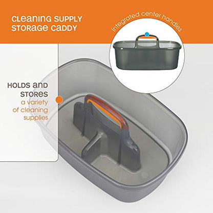 Casabella Plastic Multipurpose Cleaning Storage Caddy with Handle, 1.85 Gallon, Gray and Orange & Plastic Rectangular Cleaning Bucket with Handle, Clear, 4 Gallon
